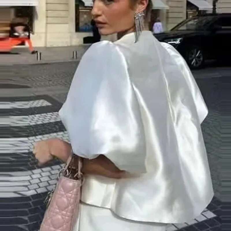 TRAF Satin Crop Top Women Puff Short Sleeve Female Shirts Summer Elegant Round Neck Loose Blouse Cut Out Cropped Blouses
