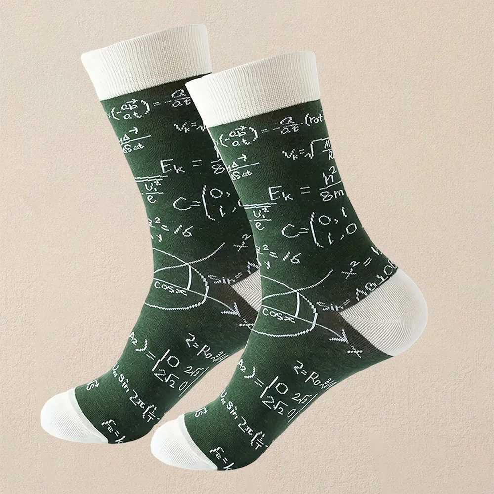Pair Men Mathematical Letter Pattern Round Neck Socks Casual Fashionable Creative Breathable Comfortable Mid Length Socks W250217