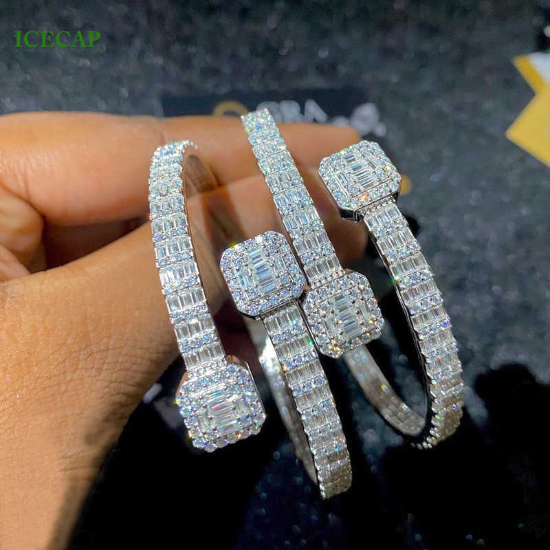 Hip Hop Jewelry 925 Sterling Silver Fashion Bangle Baguette cut Moissanite Diamond couple statement open bangle Bangle Bracelet