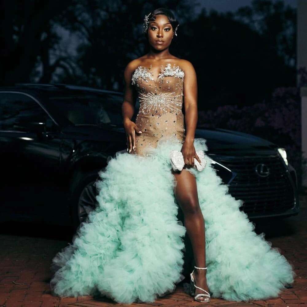 Sexy Customized Mint Puffy Tiered Ruffle Mermaid Prom Dress For Black Girls Crystals Rhie Beaded Formal Party Gowns YPD mal