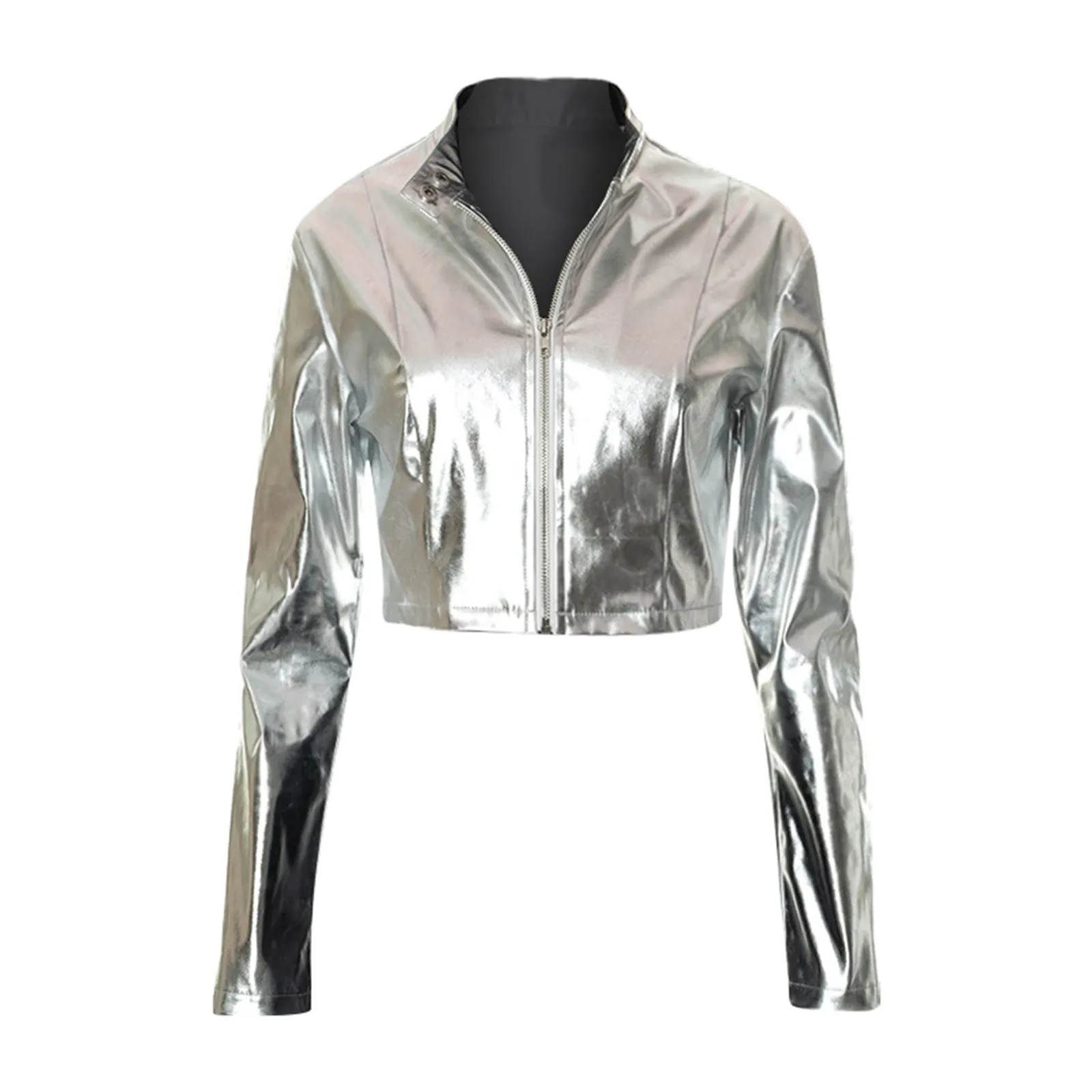 Shiny Leather Short Jackets For Women Solid Metallic Color Long Sleeve Zip Up Crop Jacket Nighclub Party Punk Coat Chaquetas 250211