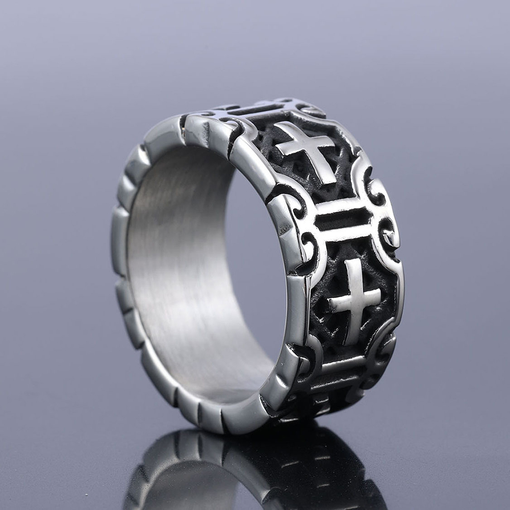 Hip Hop Vintage Ancient silver Color Stainless Steel Cross Casting Rings Mens Jewelry