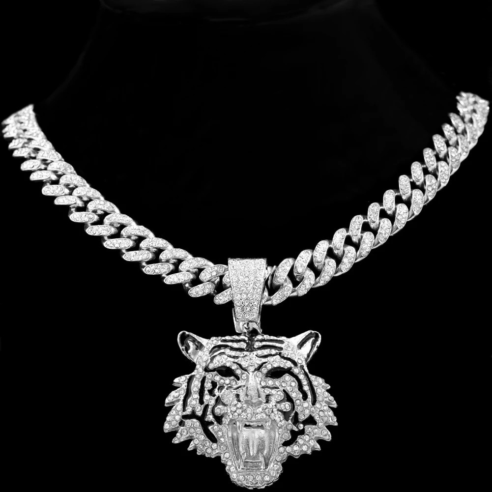 HipHop Tiger Pendant Necklace for Men Women Iced Out Cuban Link Chains Crystal Cuban CZ Stainless steel Necklaces Jewelry 250213