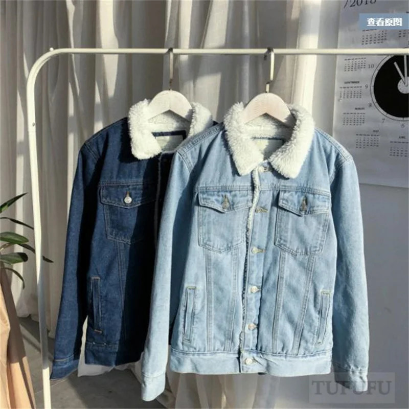 Plus velvet longsleeved jacket mens winter style denim cotton lamb wool Korean thickened 250212