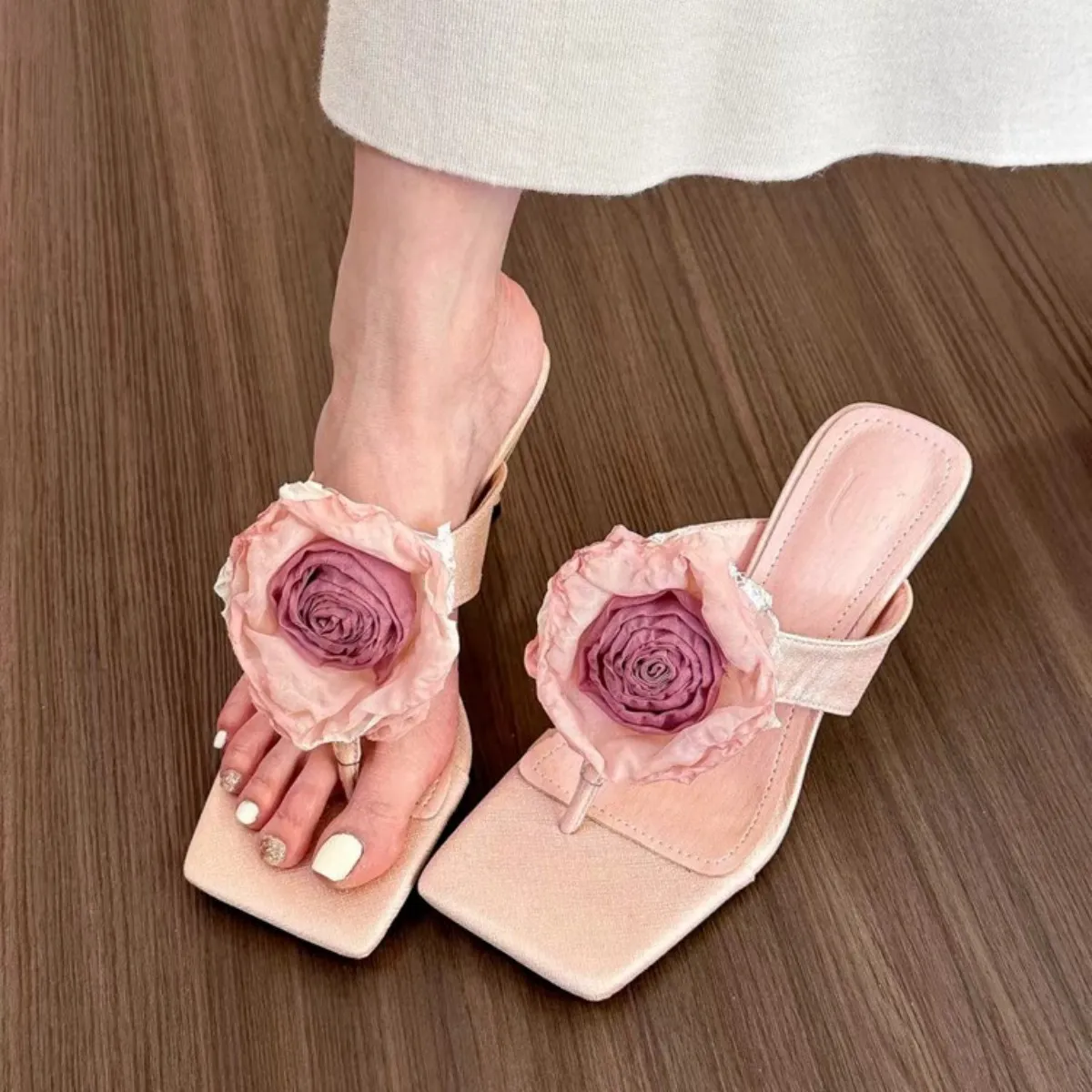 wer Flip ps Summer Thin High Heels Shoes for Women Outside Fashion Ladies Slippers Square Toe Pink Slides Sandals