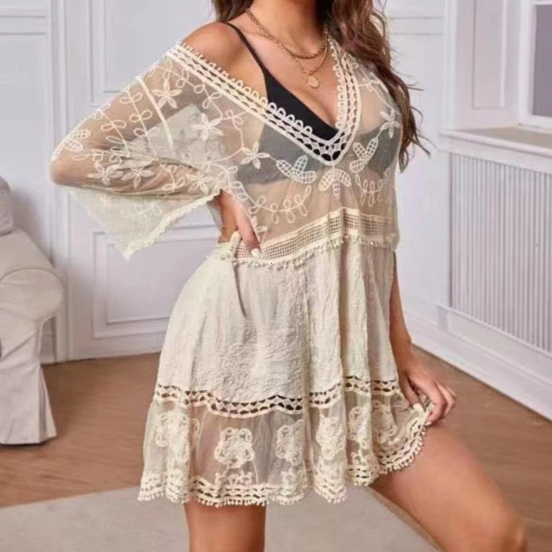 Spring Sexy Lace Beach Pareo Wear Swimsuit Hoodie Waist Coat Womens Vacation Essential 250214