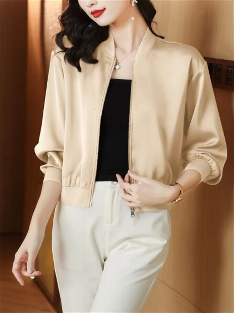 Silk Short Jackets Woman Coats Loose Satin Outwear Solid Color Cloth Zipper Baseball Jacket Spring Autumn Clothes Female 250213