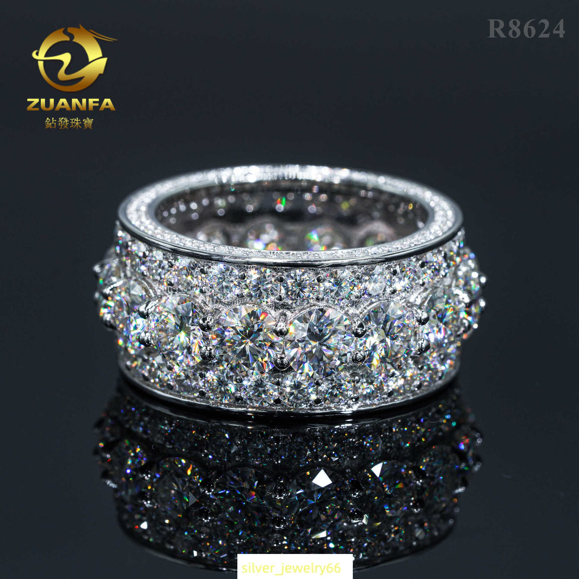 5.0mm Mens Hip Hop Mosan Ring Hip Hop Rap S925 Silver Set Full Diamond Ring