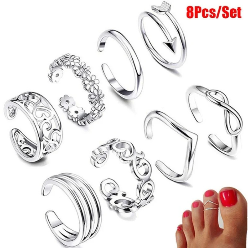 8 Pcs/Set Silver Color Toe Rings for Women Gold Color Adjustable Toe Rings Various Types Band Rings Open Ring Set Beach Jewelry 250213