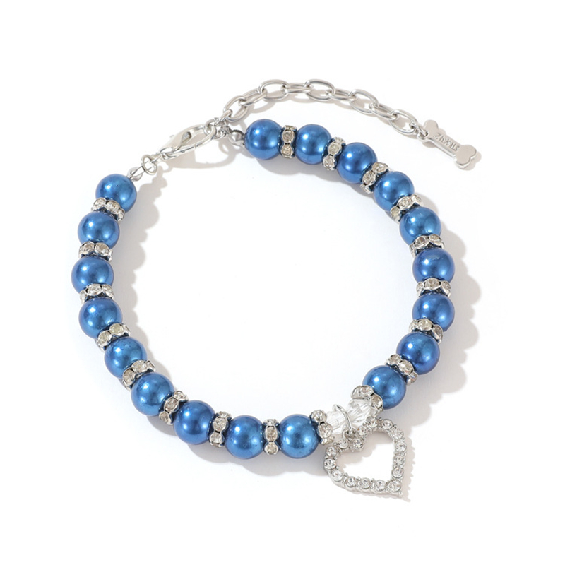Blue Dog Pearl Necklace Collar with Crystal Rhinestone Heart Pendants,Fancy Cat Wedding Necklace Jewelry, Bling Pet Collar Birthday Gift for Small Med