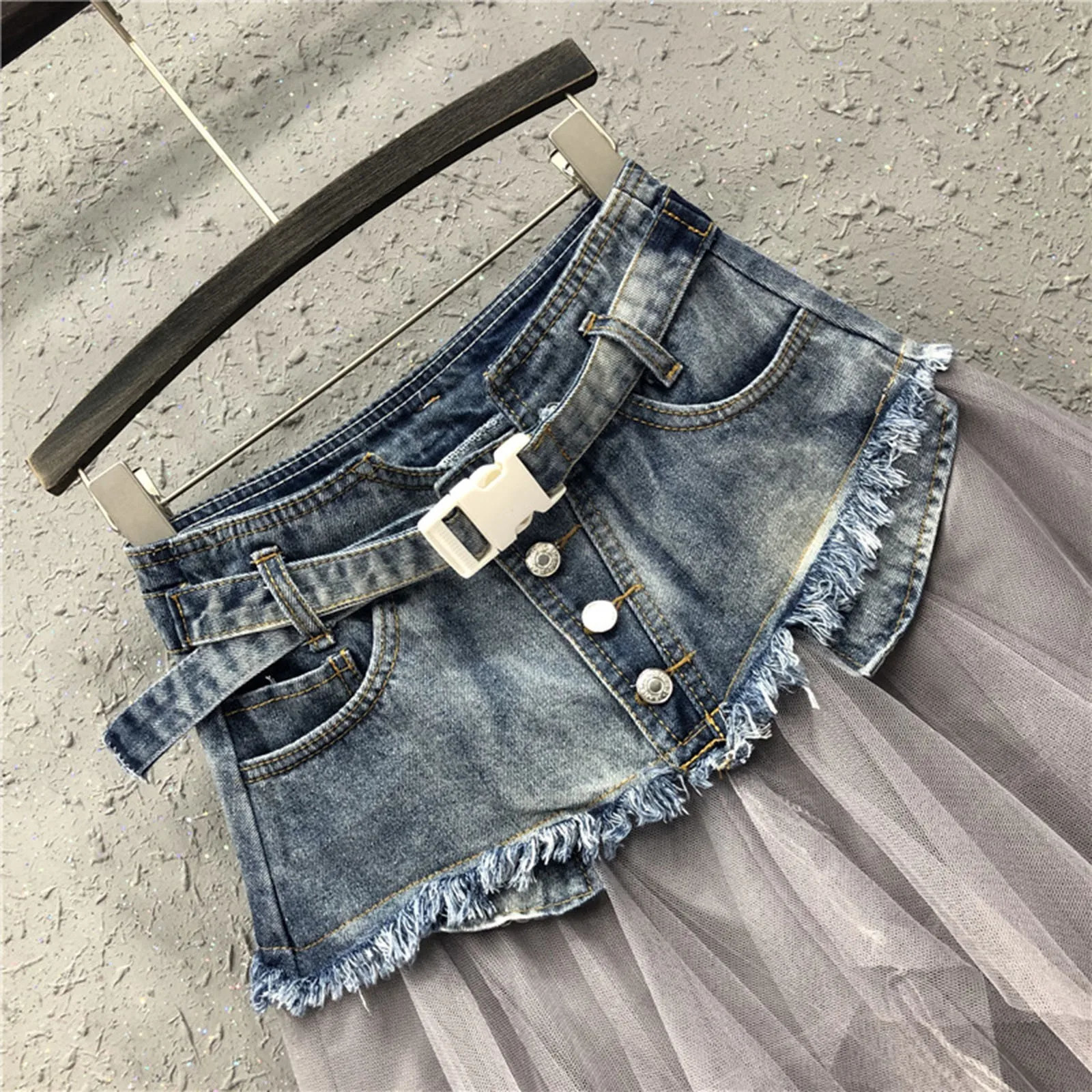 Mesh Splicing Denim Skirt Womens Dark Style High Waist Slim Fit Look Thin Layered Tulle Vintage Versatile Gothic Skirts 250211