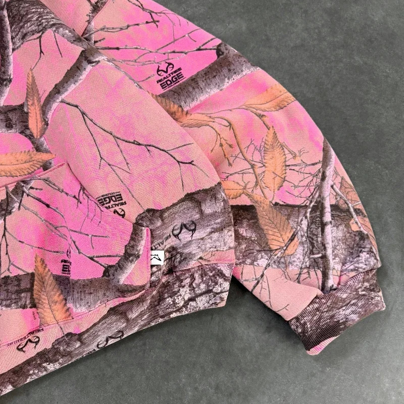 Y2K Retro Hoodie Pink Camouflage Print Pattern Sweatshirt Streetwear Men Women Harajuku Trendy Branch Camo Unisex Boxy Clothing 250213