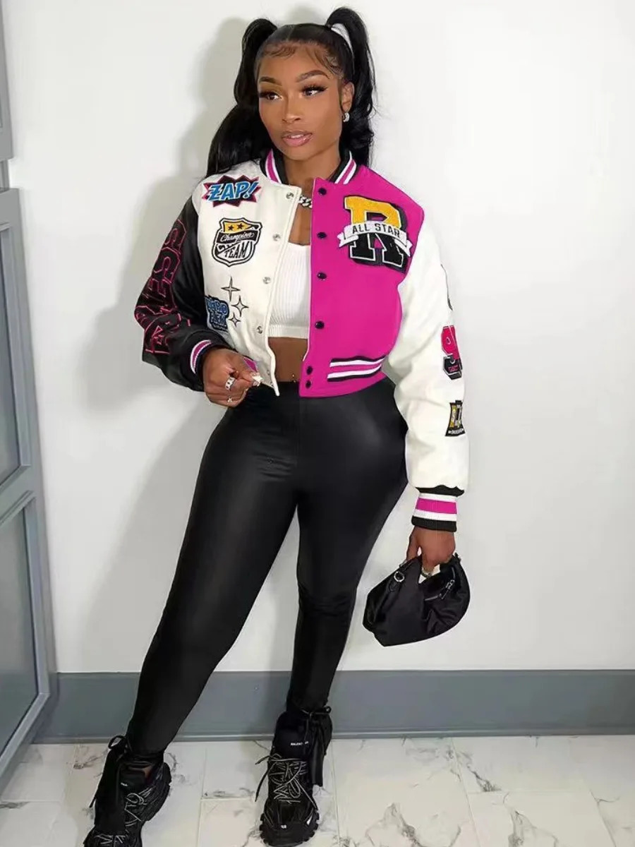 LW Casual Letter Print Patchwork Varsity Jacket Appliques Round Neck Regular Fit Y2k Style Spring Coat Outerwear for Women 250213