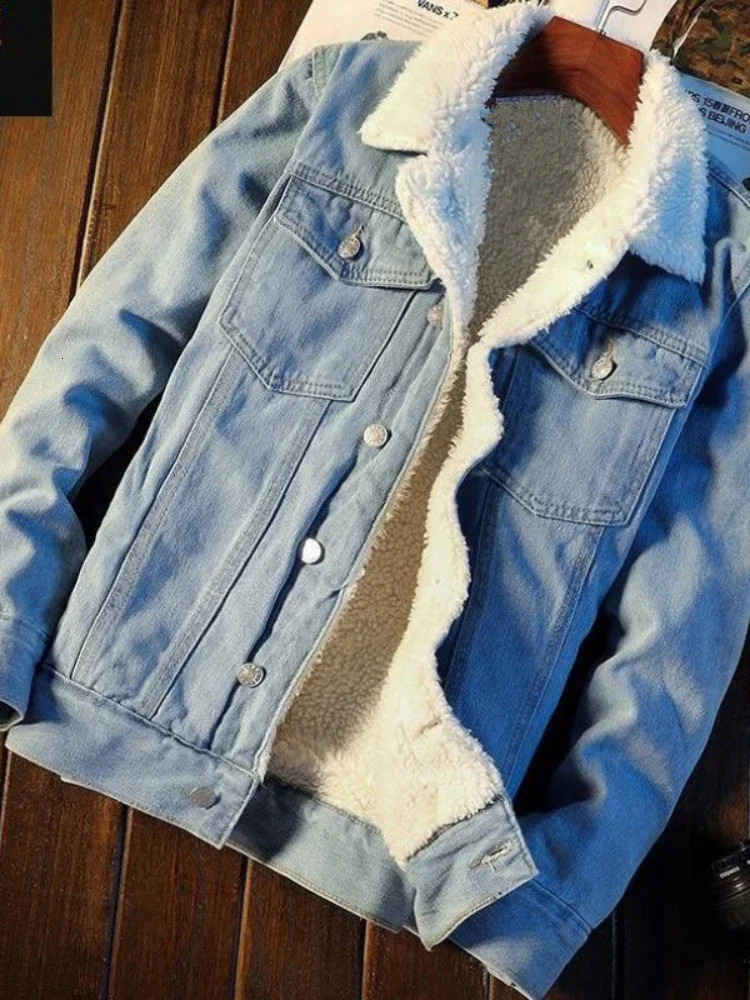 Denim Jackets Men Coats Lamb Wool Thick Coat Turn Down Collar Full Sleeve Single Breasted Open Stitch Casual Jacket Winter 250212