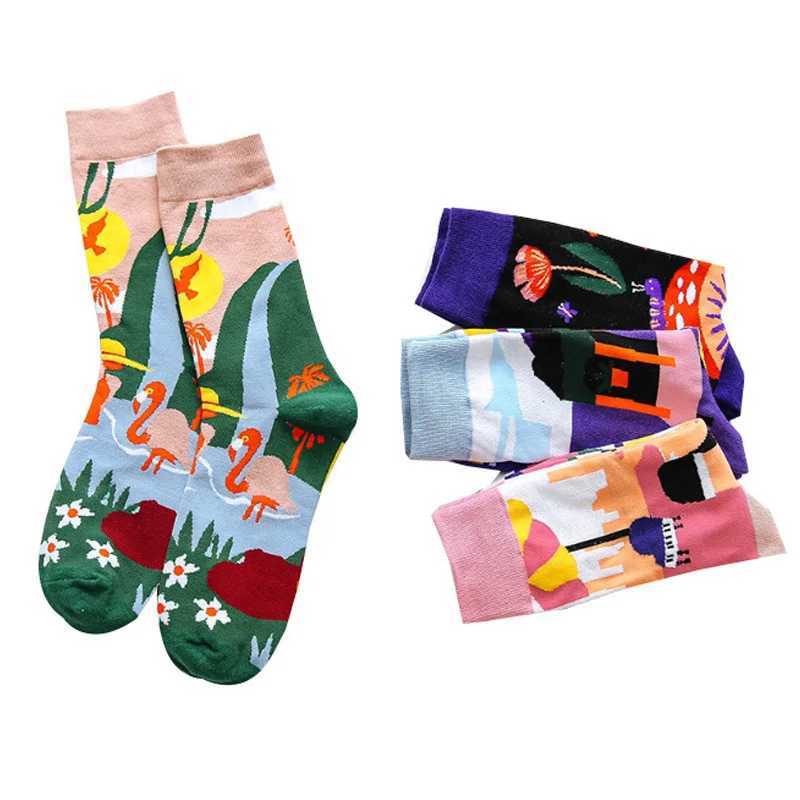 4 pairs of personalized tidal socks graffiti socks womens flower mushroom animal fruit pattern cotton Harajuku style mid calf socks W250217