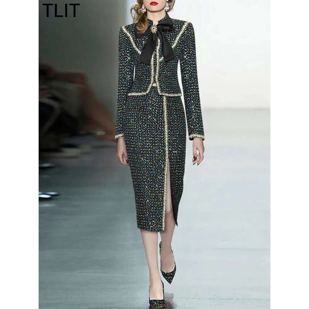 Women's Tweed 2 Pcs Set Stand Up Collar Bow Slim Top Jacket Split Skirts Sets 2025 Spring New Female Clothing