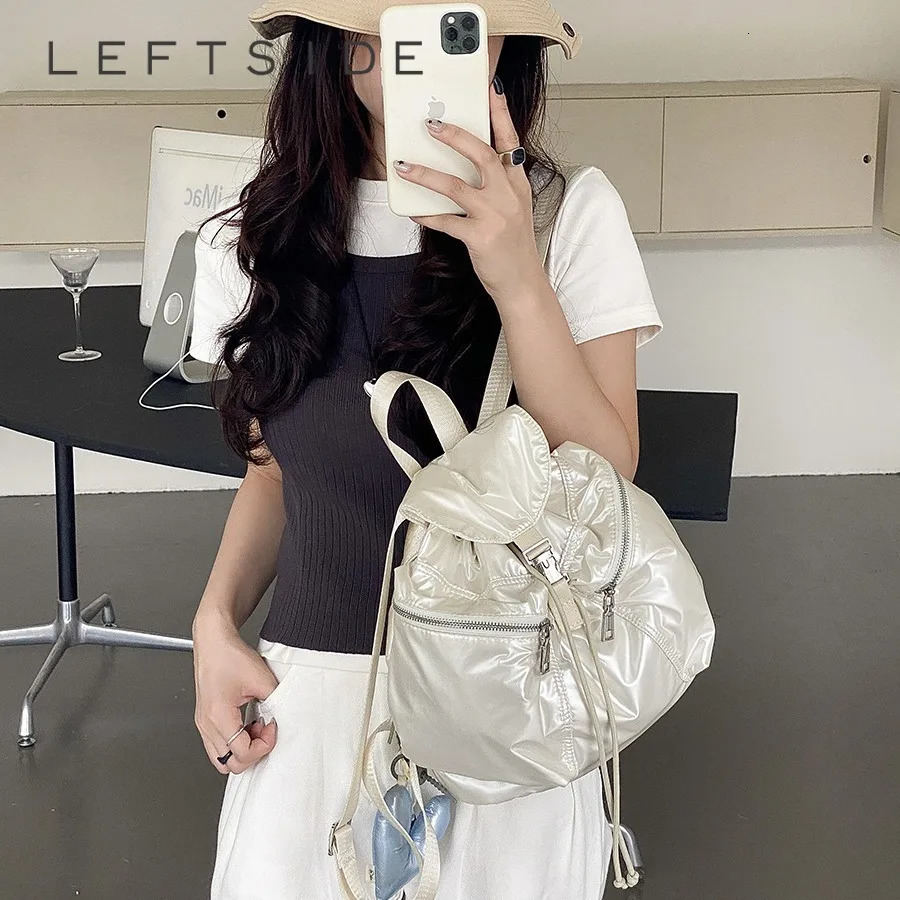 Womens Small Waterproof Nylon Backpacks 2024 Summer Y2K Korean Fashion Silver Backpack Lady Travel Drawstring Back Packs 250122