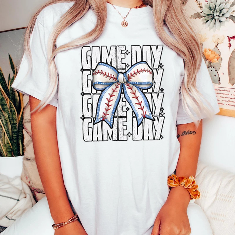 Game Day Retro Classic Shirt for Women Coquette Baseball Bow Short Sleeve Tee Football Season Sports Mom Tshirt Womens Clothing 250214