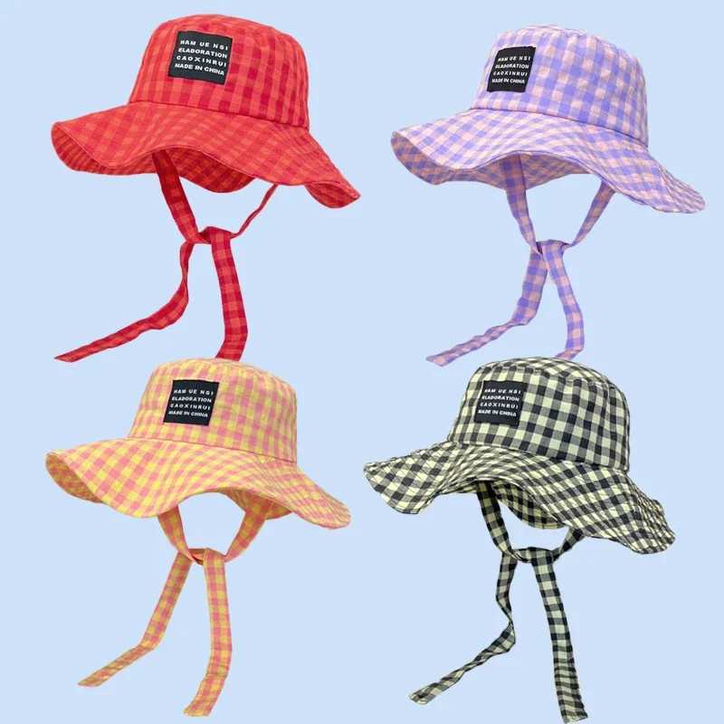 Ins Blogger Retro Plaid Tie Strap Bucket Hat Women Summer Travel Versatile Fisherman Hat Girls Fashion Popular Wide Brim Sun Cap W250217