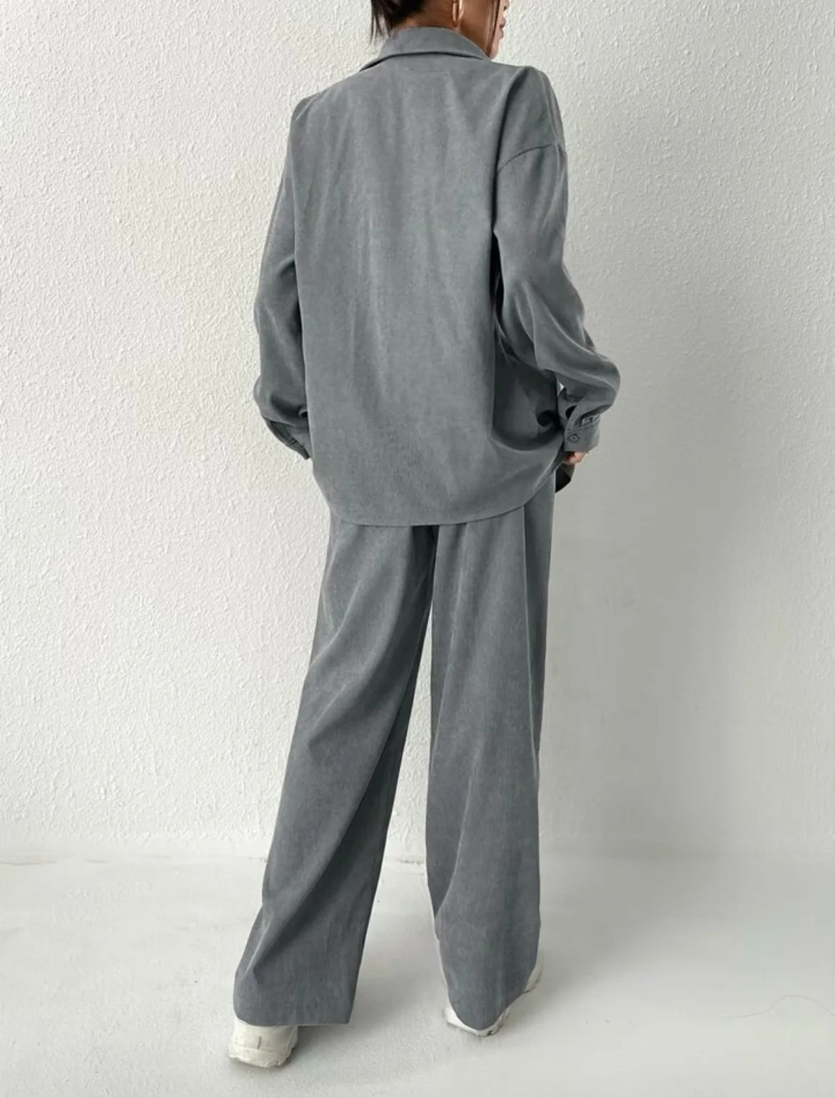 Womens Autumn Arrival Temperament Solid Color Long Sleeve Shirt Jacket Wide Leg Pants Casual Two-piece Set 250210