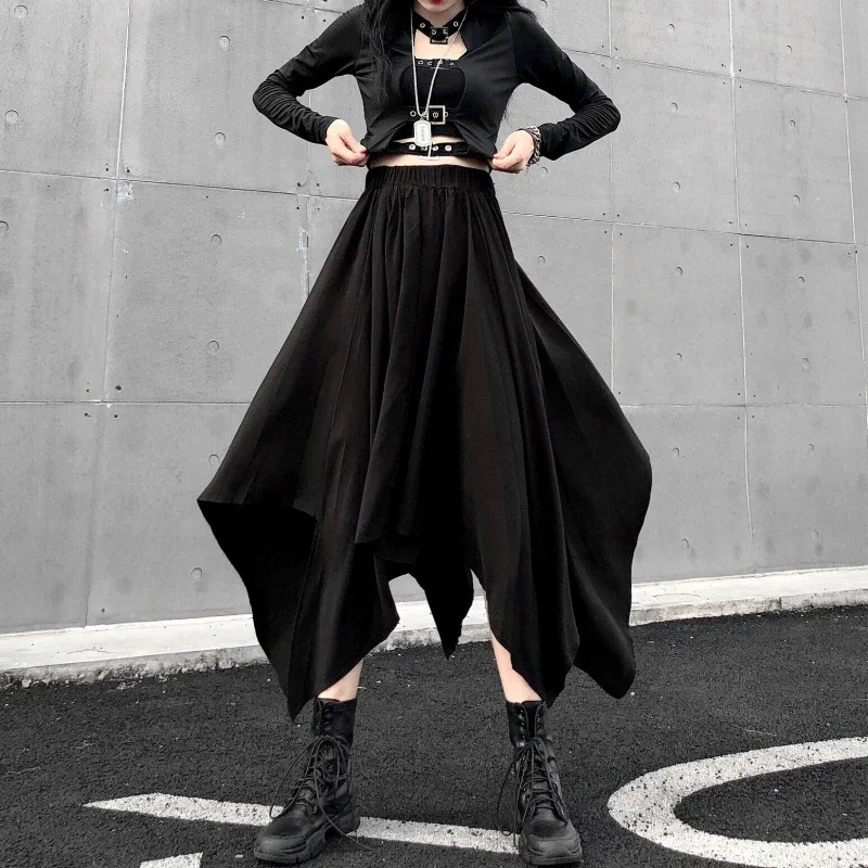 Dark Black Irregular High Waist Skirt Goth Punk Gothic Harajuku Long Vintage korean fashion clothing 250211