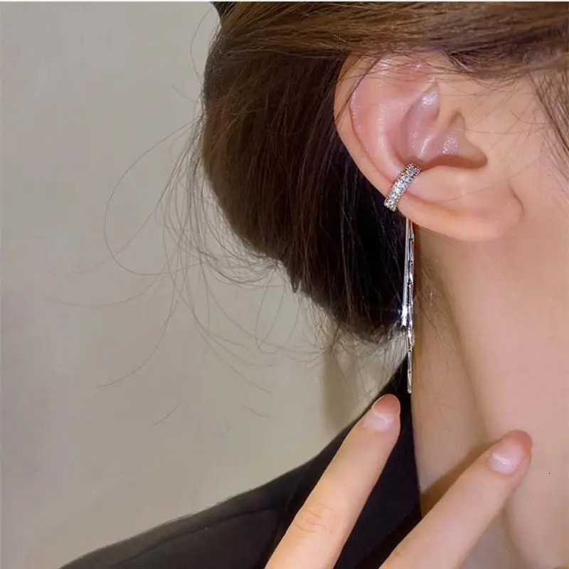 Fashion Zircon Shining C Shape Long Tassel Ear Cuff No Piercing Earrings Female n Simple Clip Party Jewelry 250213