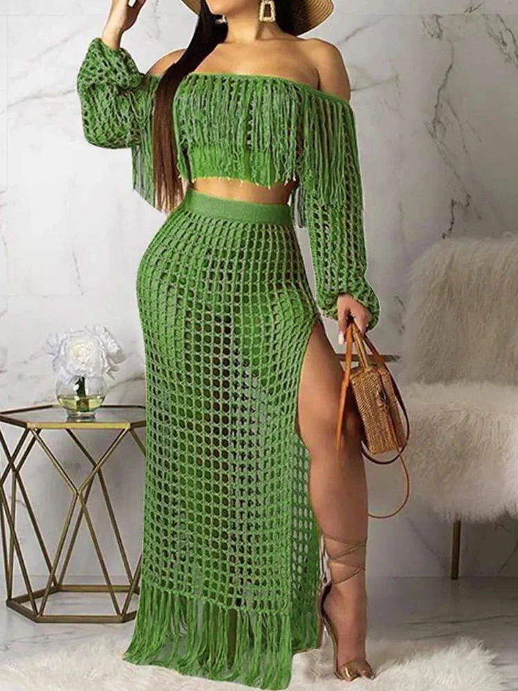 Summer Womens Skirt Two Piece Set Mesh Tassel Beach Dress Sexy Swimwear Coverups 250214