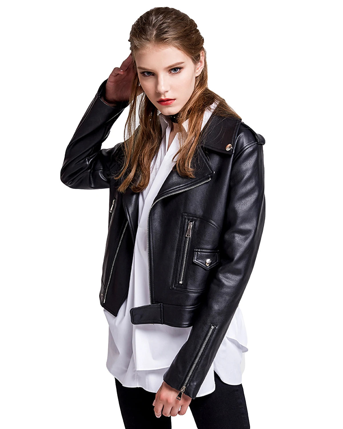Womens Classic Faux Leather Moto Jacket Casual Pleather Jackets Short Coat 250211