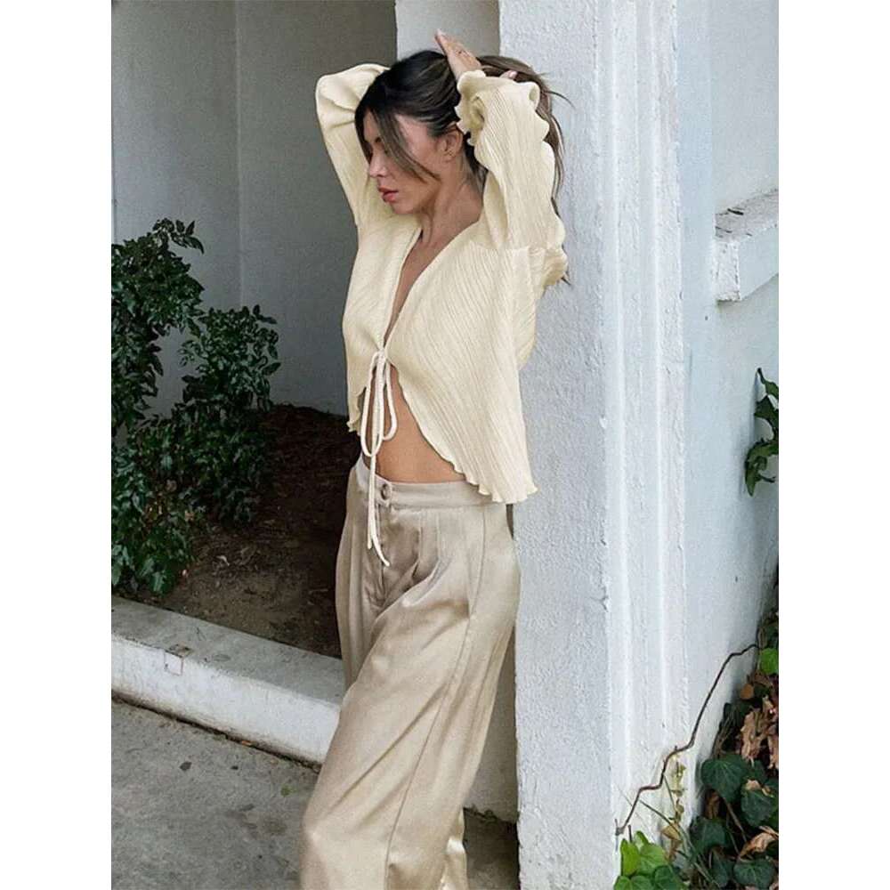 Women Pleated Plain Shirts Spring Fall Chic Long Flare Sleeve V- Neck Tie Up Cardigans Tops For Casual Party Street