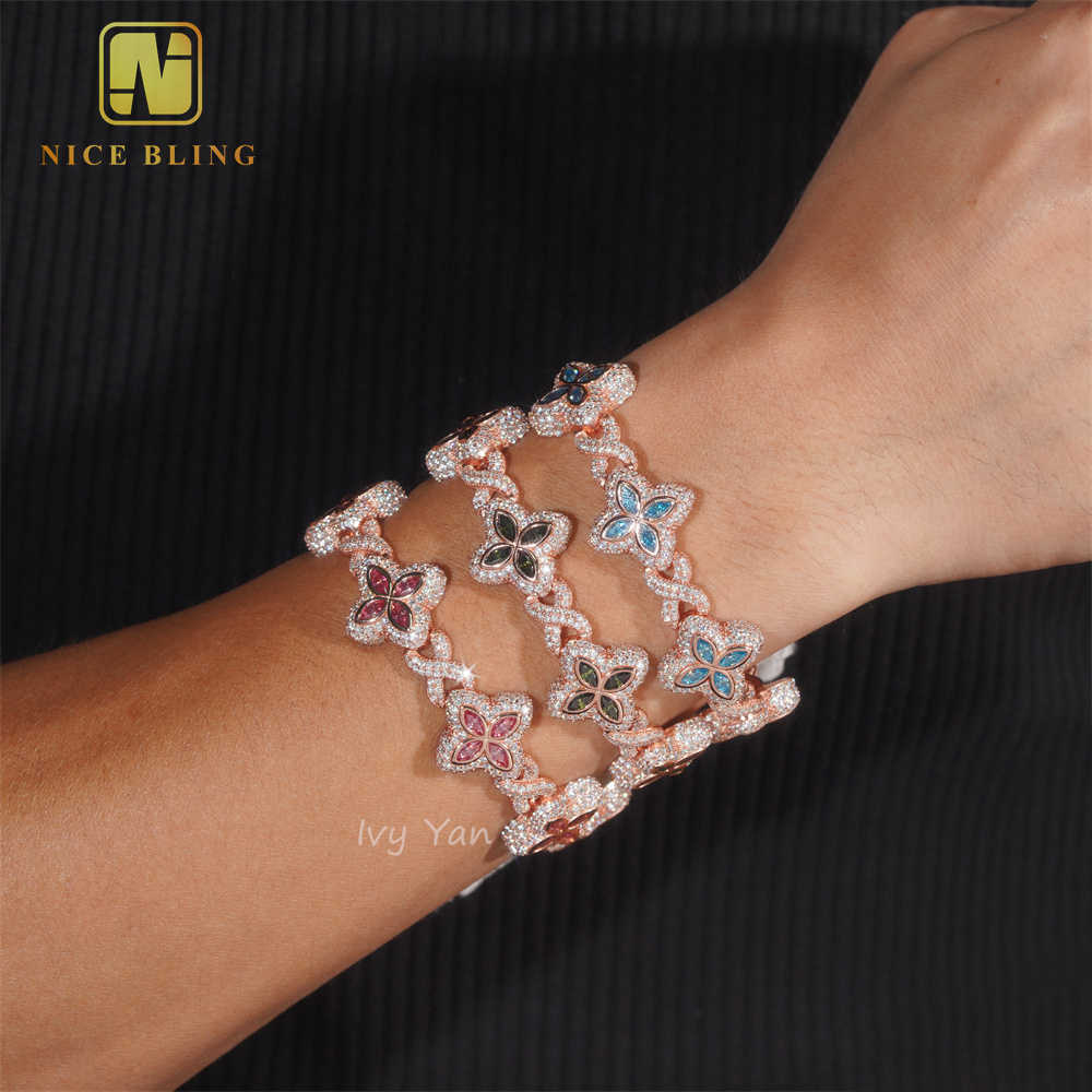 Rich Color Luxury Flower Design 18mm Custom Iced Out Hip Hop Unisex Jewelry Cuban Link Chain 925 Silver VVS Moissanite Bracelet