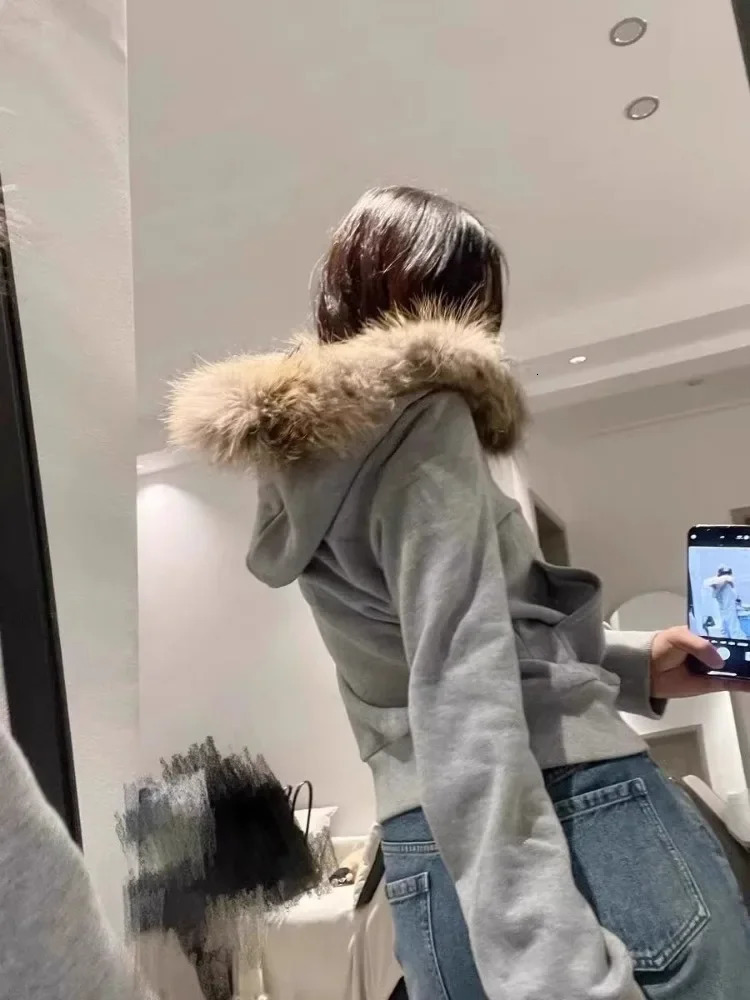 American Retro Fur Collar Hooded Zipper Sweatshirt Fashionable Street Hoodie Harajuku Style Simple 250213