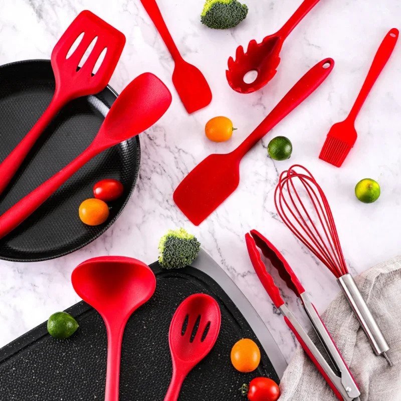 10 Pcs/Set Silicone Kitchen Utensils Set Non-Stick Silicone Tong Spoon Spatula Pasta Server Whisk Ladle Strainer Cooking Tools 250214