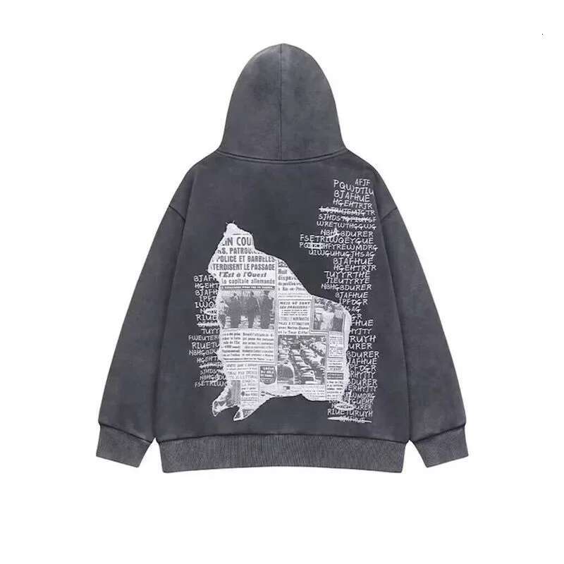Oversized Hoodies Women Washed Old Newspaper Patchwork Hooded Coats Autumn Winter Trend Men's Women's Street Vintage Hoodie Y2k