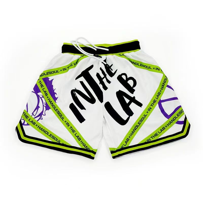 Street basketball casual shorts in white and green color retro basketball sports shorts for men