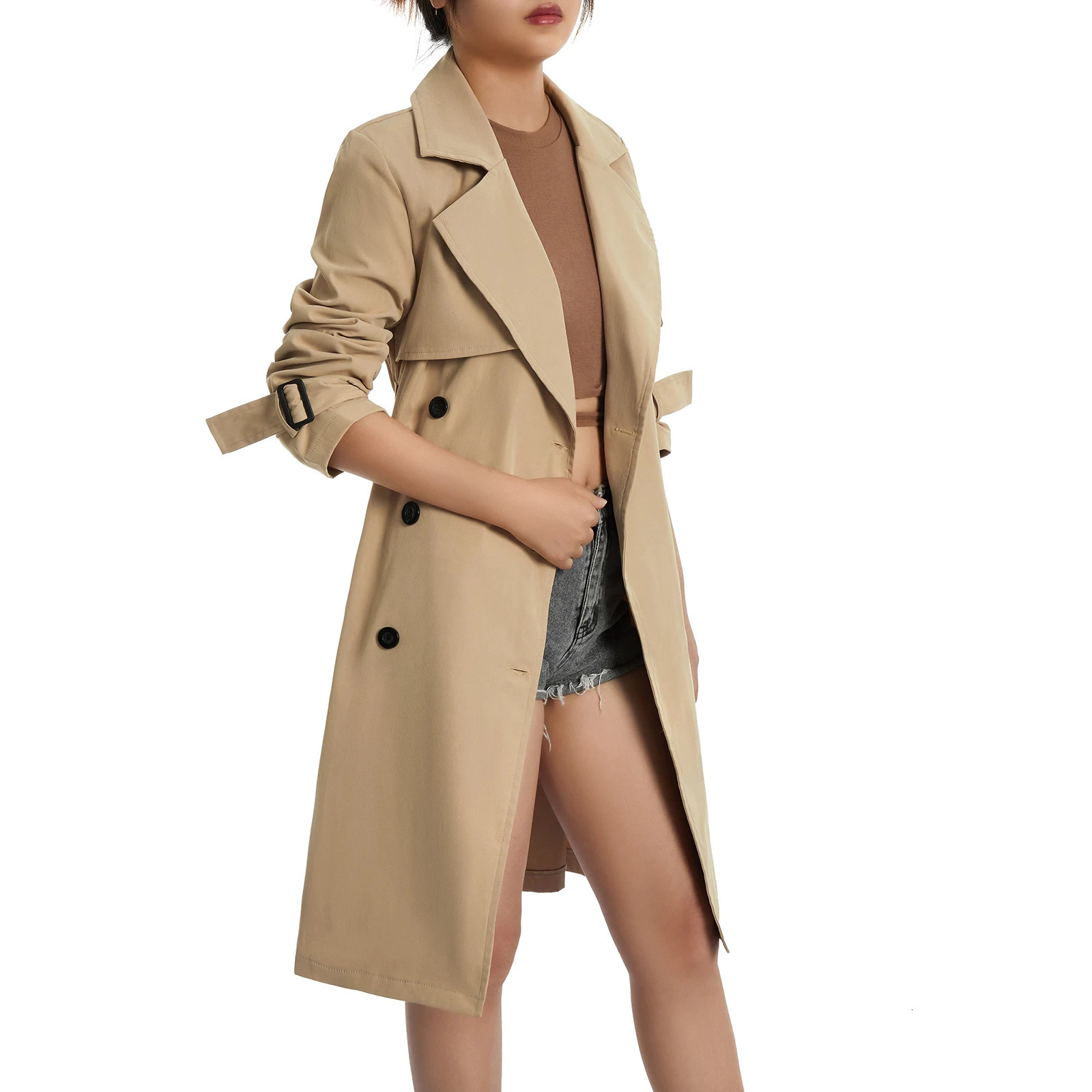 Fashion Women Casual Solid Color Coat Adults Autumn Elagant Long Sleeve Lapel Neck Double Breasted Belted Trench Coat 250214