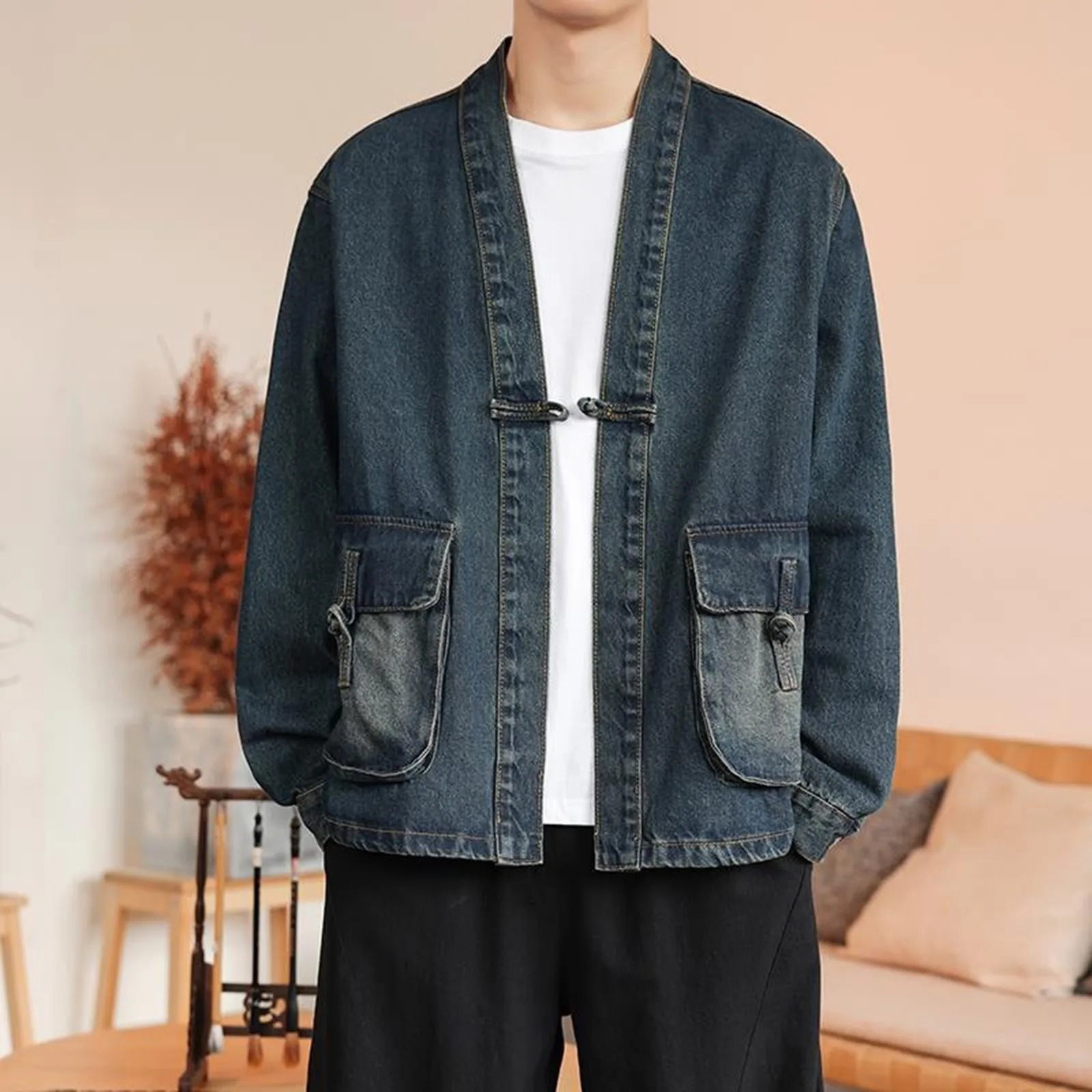 Retro denim jacket mens long sleeved open top loose cool streetwear hiphop clothing 2024 250212