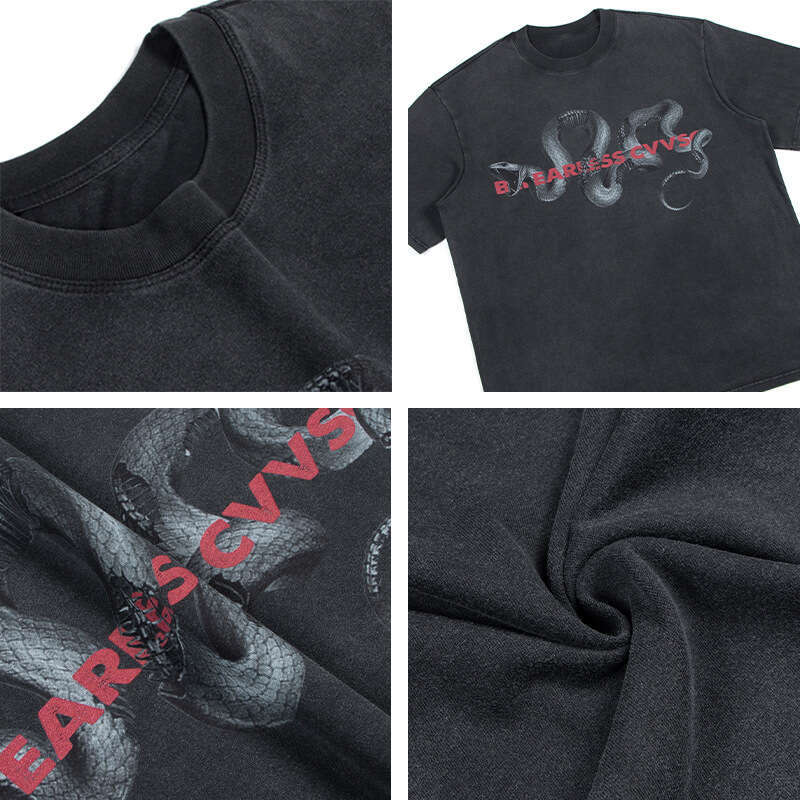 Wash old snake print short for summer, American style wash water to make old, loose trendy brand, men's and women's half sleeved T-shirt