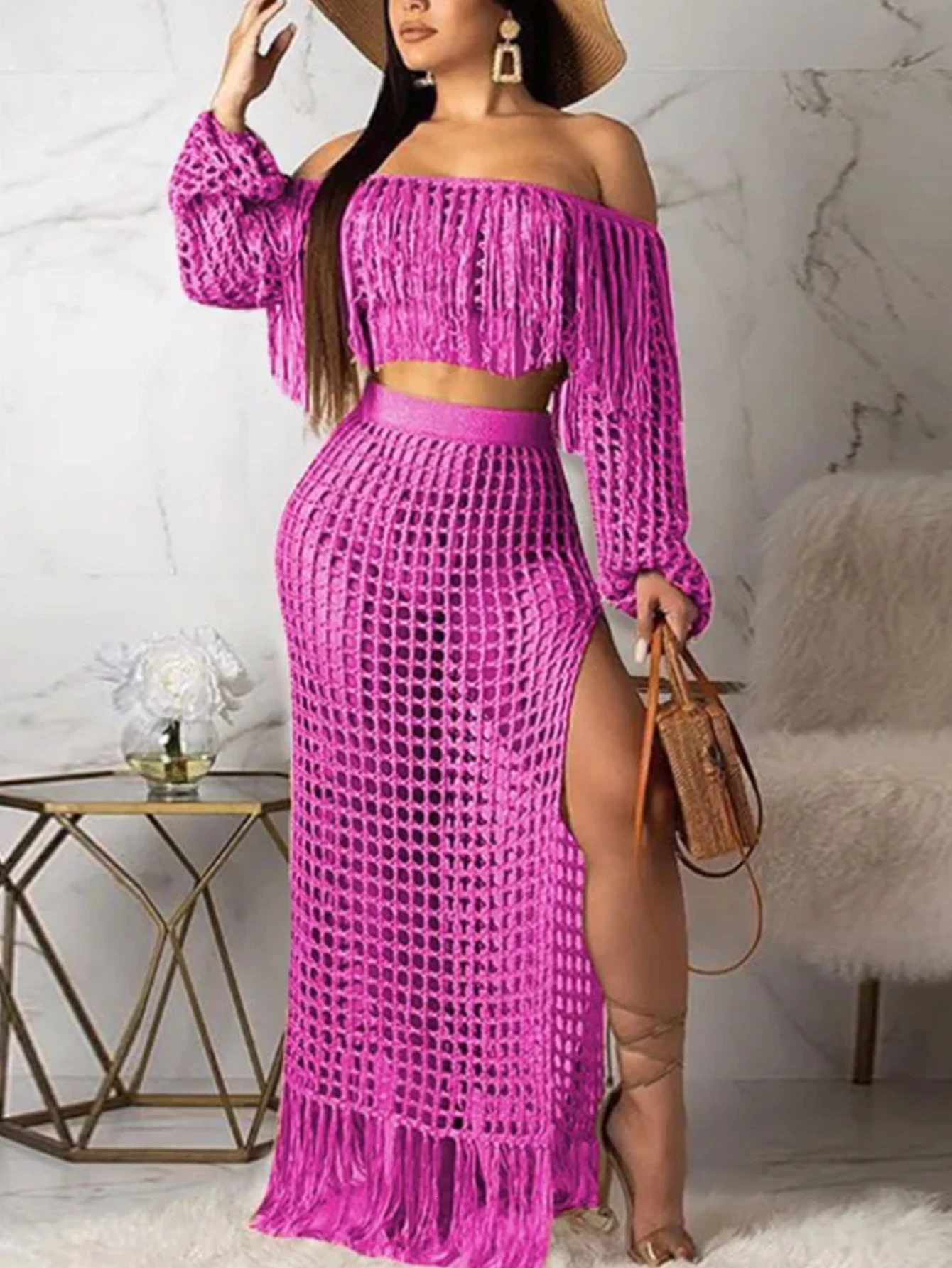 Summer Womens Skirt Two Piece Set Mesh Tassel Beach Dress Sexy Swimwear Coverups 250214
