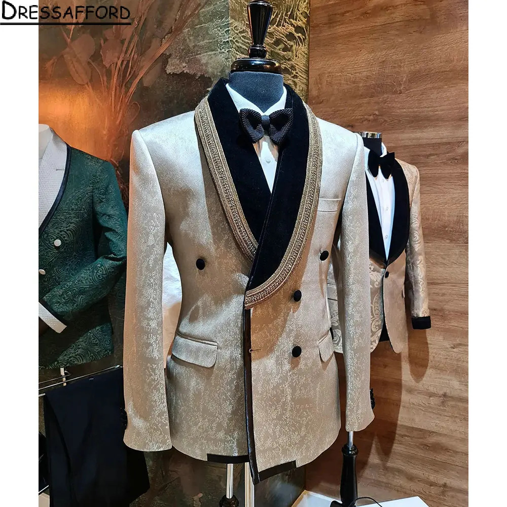 Champagne Jacquard Groom Wear Lace Edge Formal Men Suits 2 Piece Jacket And Pants Sets Smart Casual Business Blazer 250214