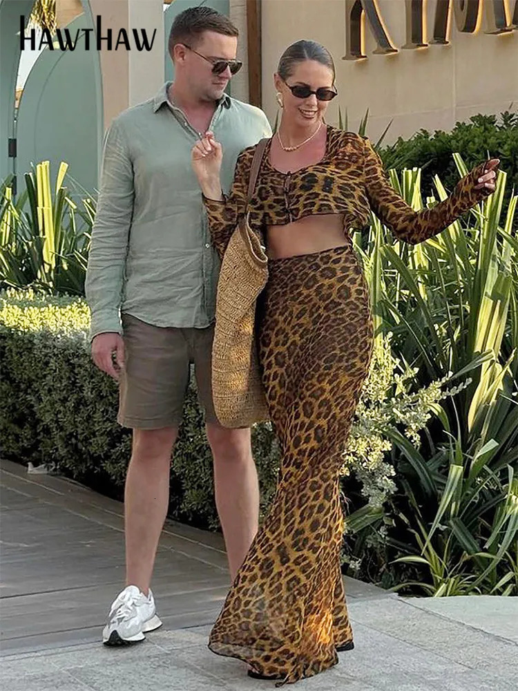 Hawthaw Women Spring Autumn Long Sleeve Crop Tops Skirts Mesh Leopard Two Piece Sets Wholesale Items For Business 250214