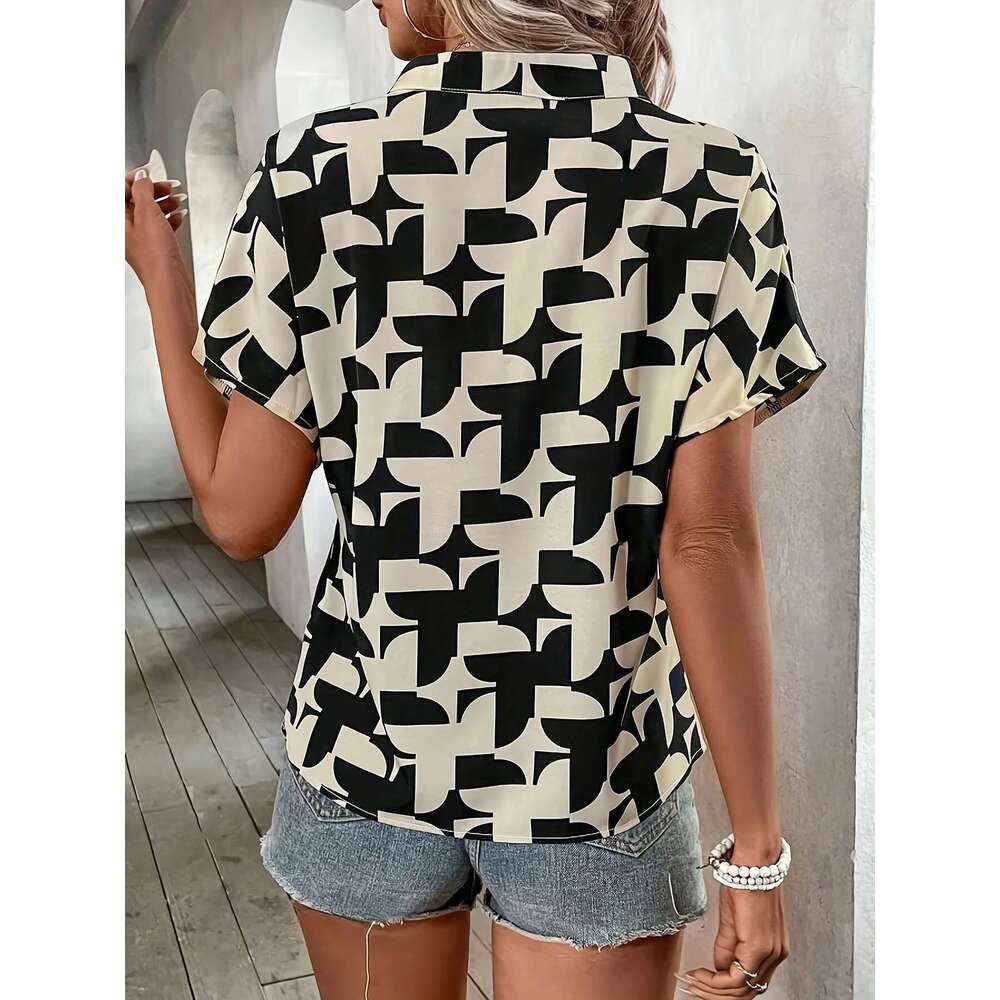 Elegant Summer Women's Print Shirt Casual Office Lady Notched V Neck Batwing Sleeve Blouses Tops