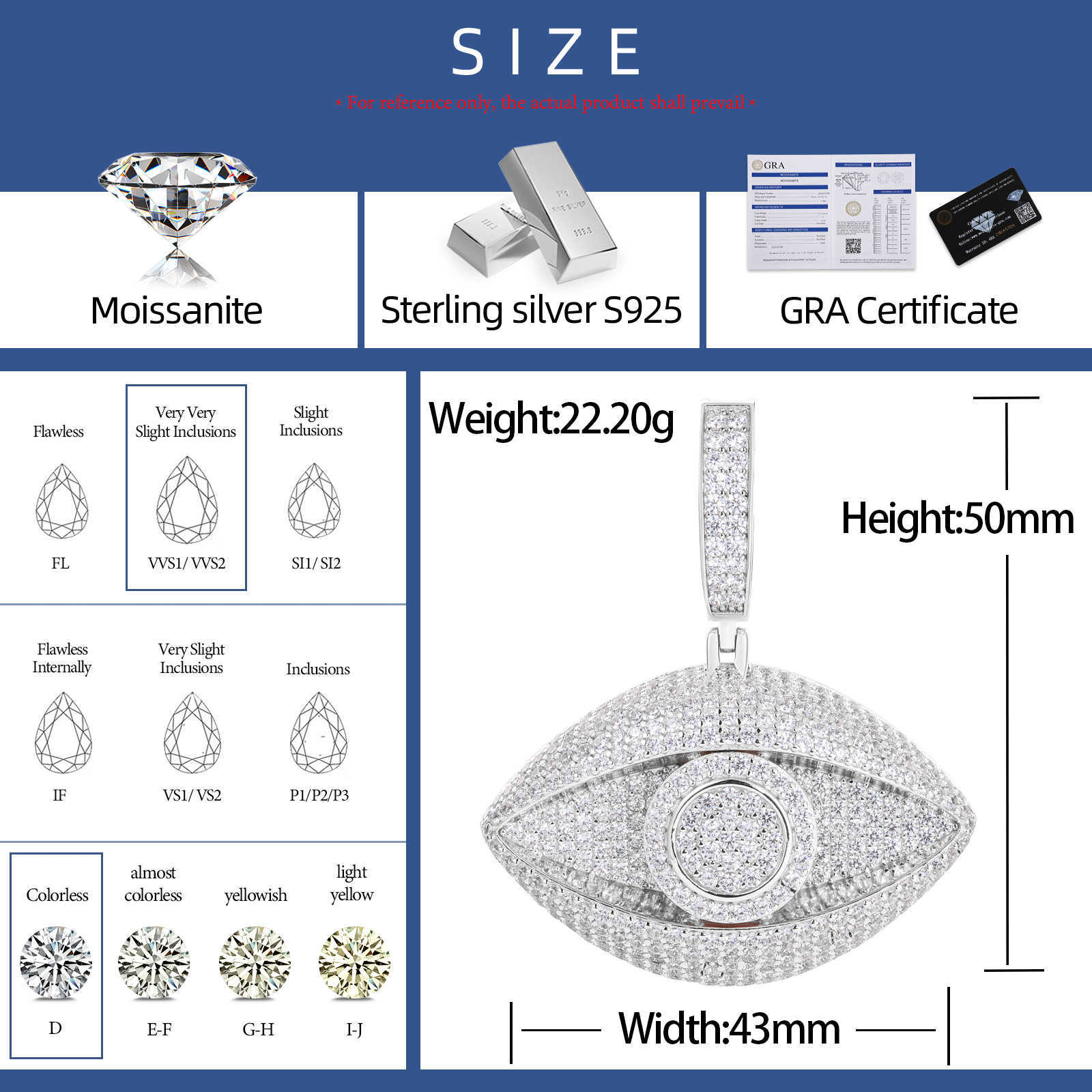 Fashionable Men Women Hip Hop Jewelry 925 Sterling Silver Micro VVS Moissanite Diamond Iced Out Evil Eye Pendant chain