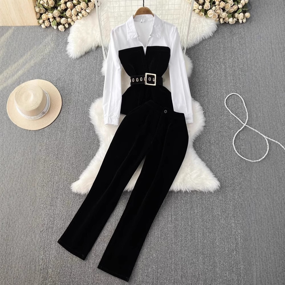 Fashion suit socialite temperament fake two-piece waist cinched long sleeved shirt two-piece high waisted gold velvet small feet 240518