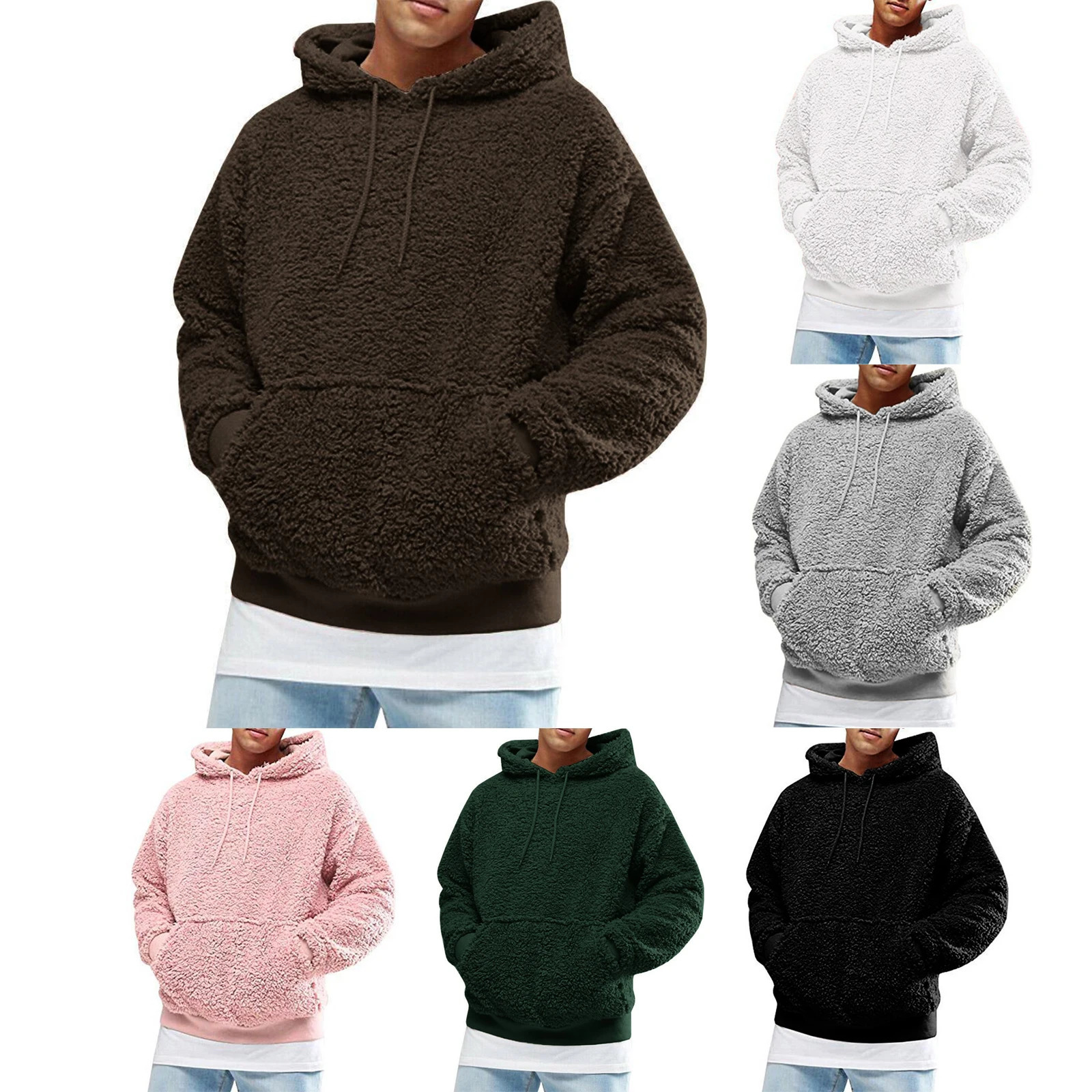 Autumn Winter Plush Hoodies Solid Color Long Sleeve Hooded Pullover Men Warm Casual Wild Fit Fleece Sweatshirt with Pockets 250214