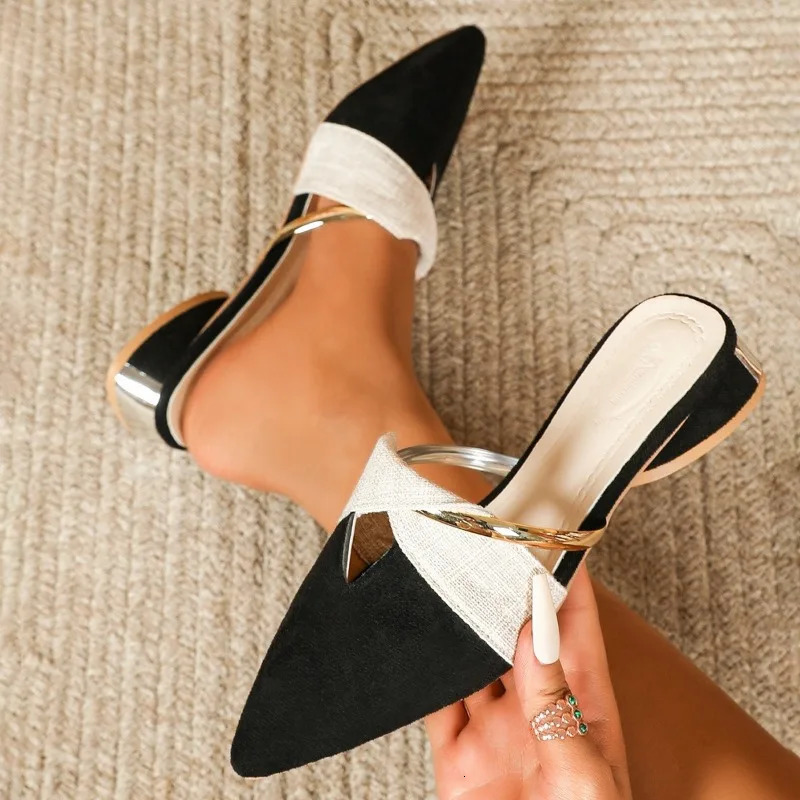 Womens Closed Lace Slider Korean Fashion Pointed Lace Womens Comfortable Low Heel Mule Zapatillas Mujer 250213