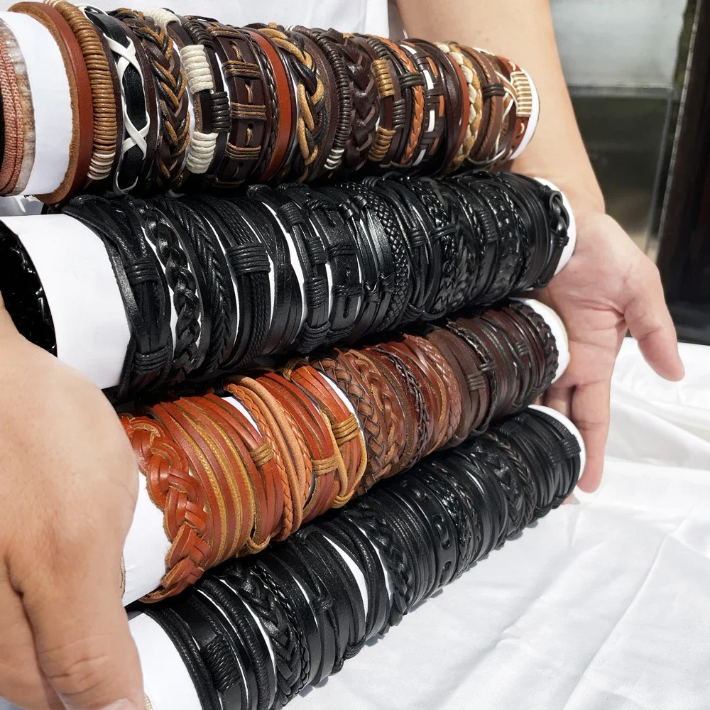 25Pcs/lot Wholesale Random Retro Multi-layer Leather Bracelet For Men Women Handmade Charm Bracelet Wrap Jewelry NM3 250210