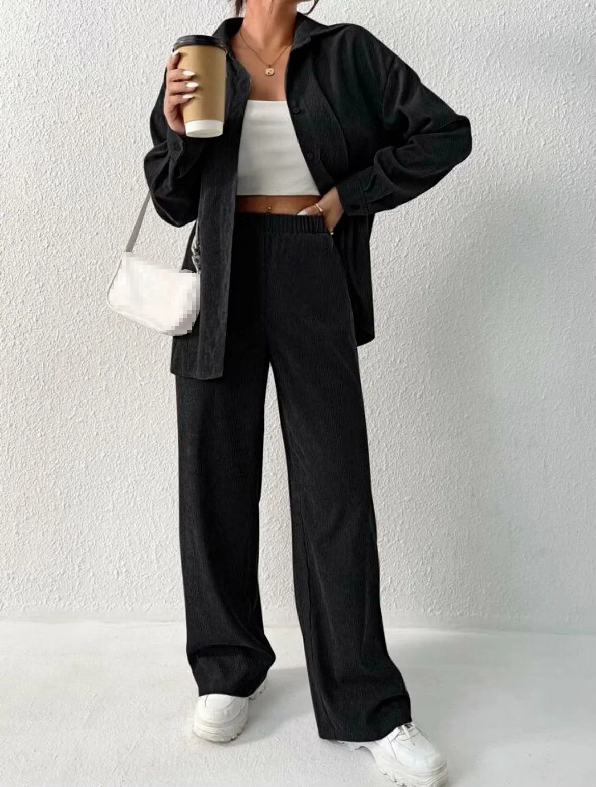 Womens Autumn Arrival Temperament Solid Color Long Sleeve Shirt Jacket Wide Leg Pants Casual Two-piece Set 250210