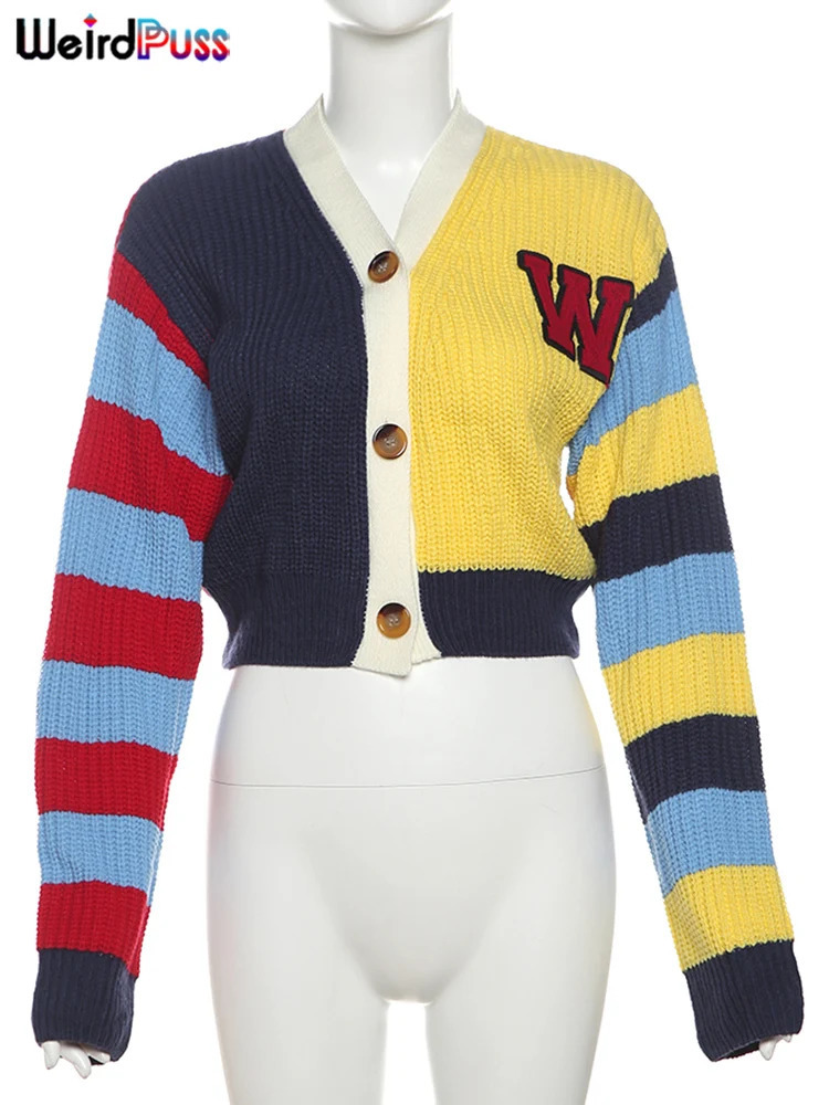 Weird Puss Y2K Cardigan Sweater Women Letter Print Casual Wild VNeck Button Colorful Patchwork Street Trend Hipster Knit Coat 250211