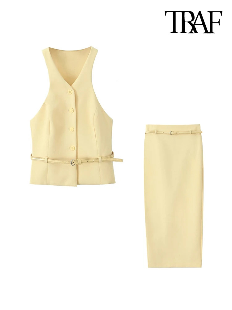 TRAF Women Fashion With Belt Front Button Tank Tops And High Waist Side Zipper Midi Skirts Female Two Piece Sets Mujer 250214