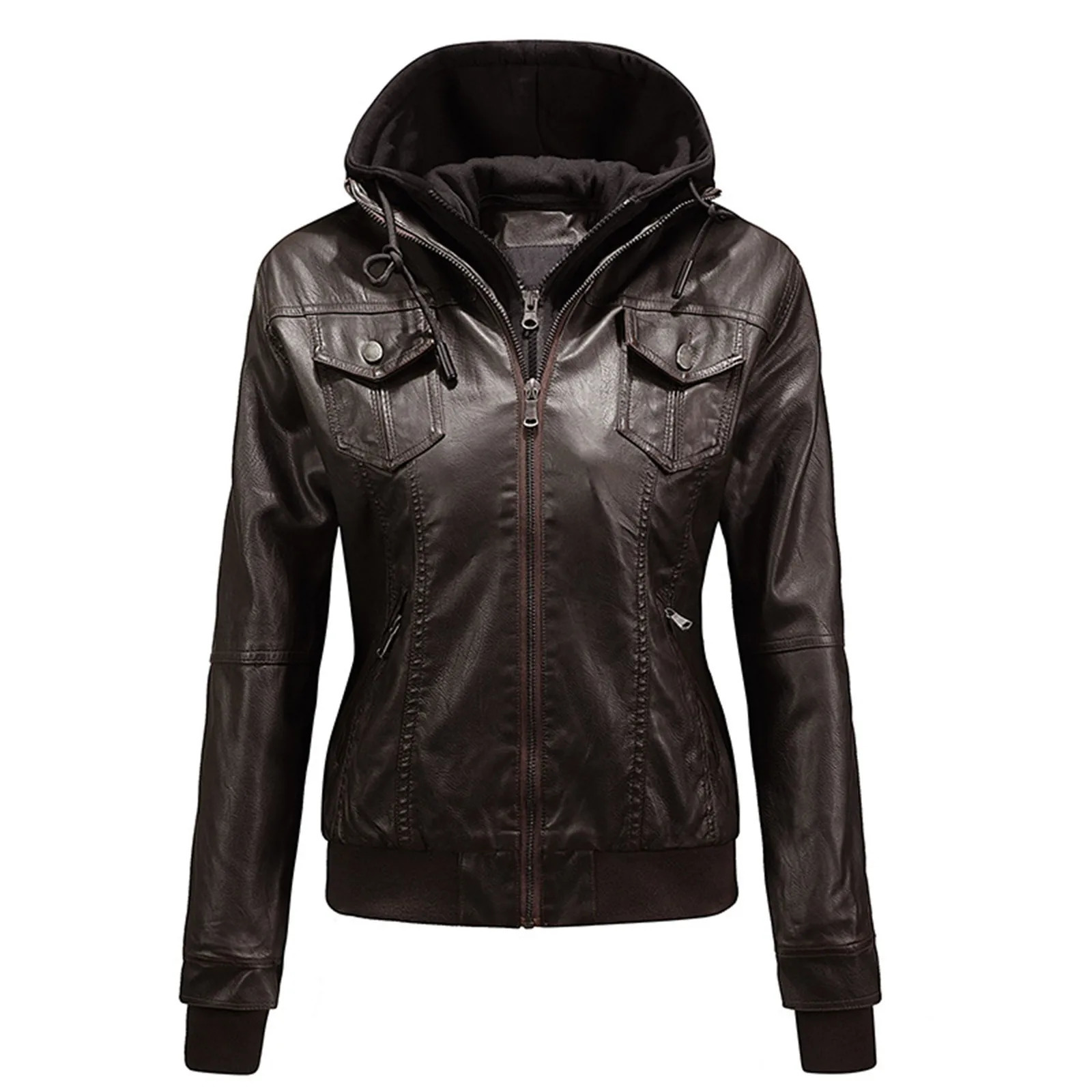AutumnWinter Motorcycle Slim Leather Cropped Jacket Women Hoodie Detachable Lined Jackets Insulated Two Pieces Coat 250211